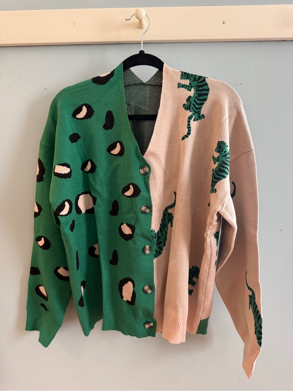 Colorblock Green & Tan Animal-Print Button Cardigan Sweater